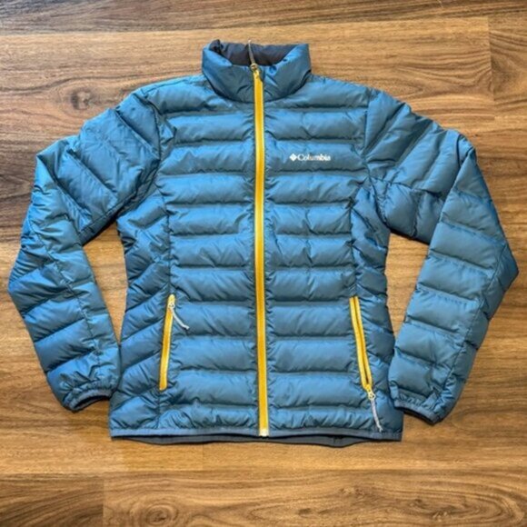 Columbia 650 Down Winter Jacket Women’s XS Blue with Yellow Zipper Puffer Coat - Picture 1 of 4